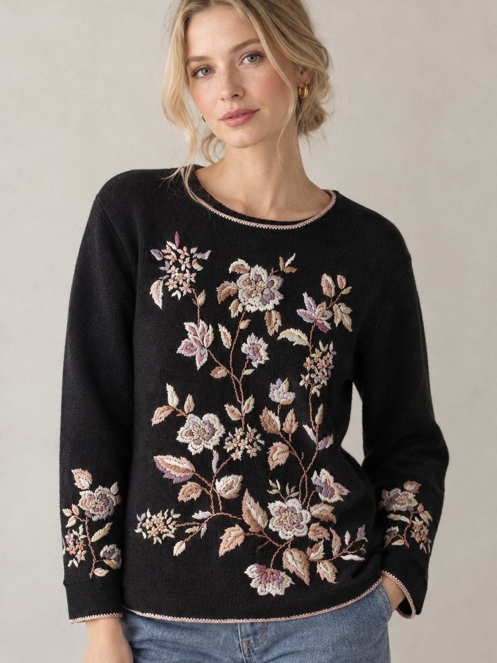Worthington Vintage Woman Floral Embroidered Black Long Sweater 90s Grandmacore